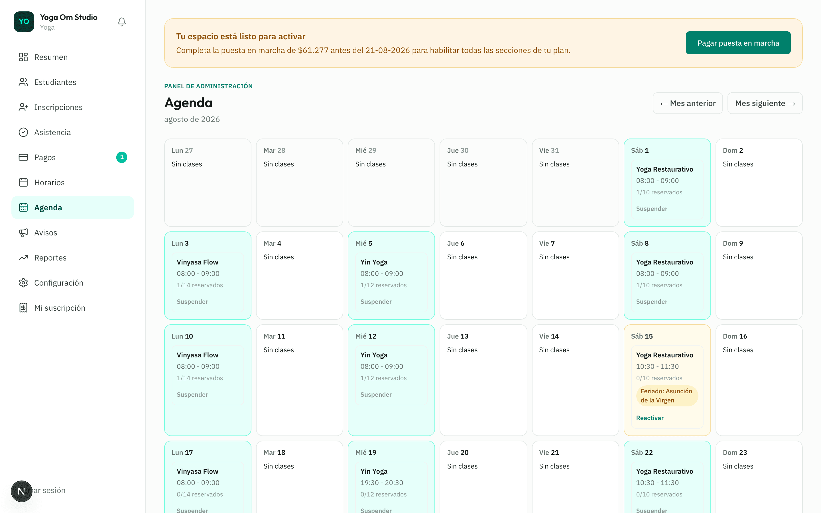 Calendario mensual de Agenda con las clases y eventos de la academia