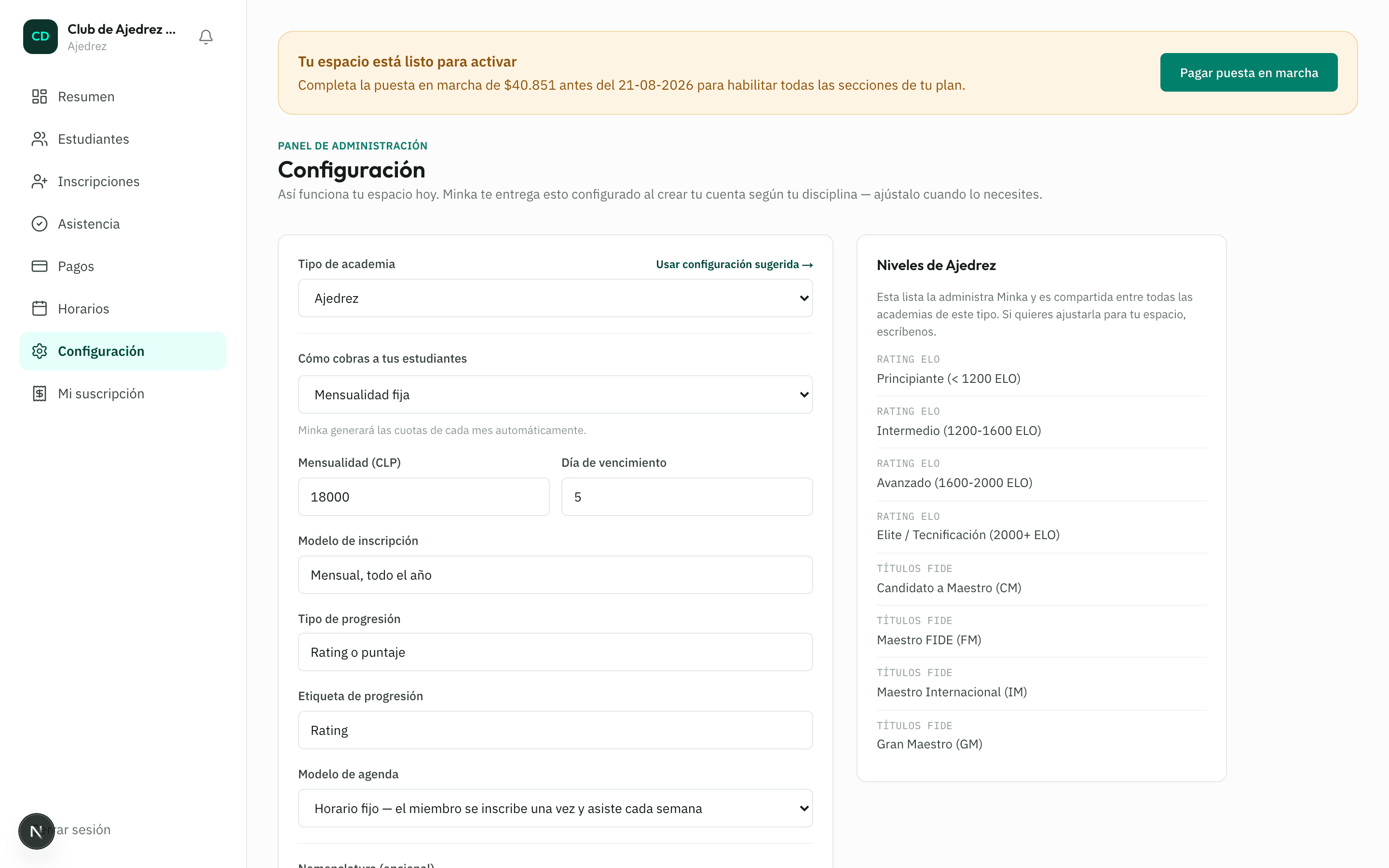 Página de Configuración de una academia, con el tipo de academia, el modelo de cobro y los niveles de progresión