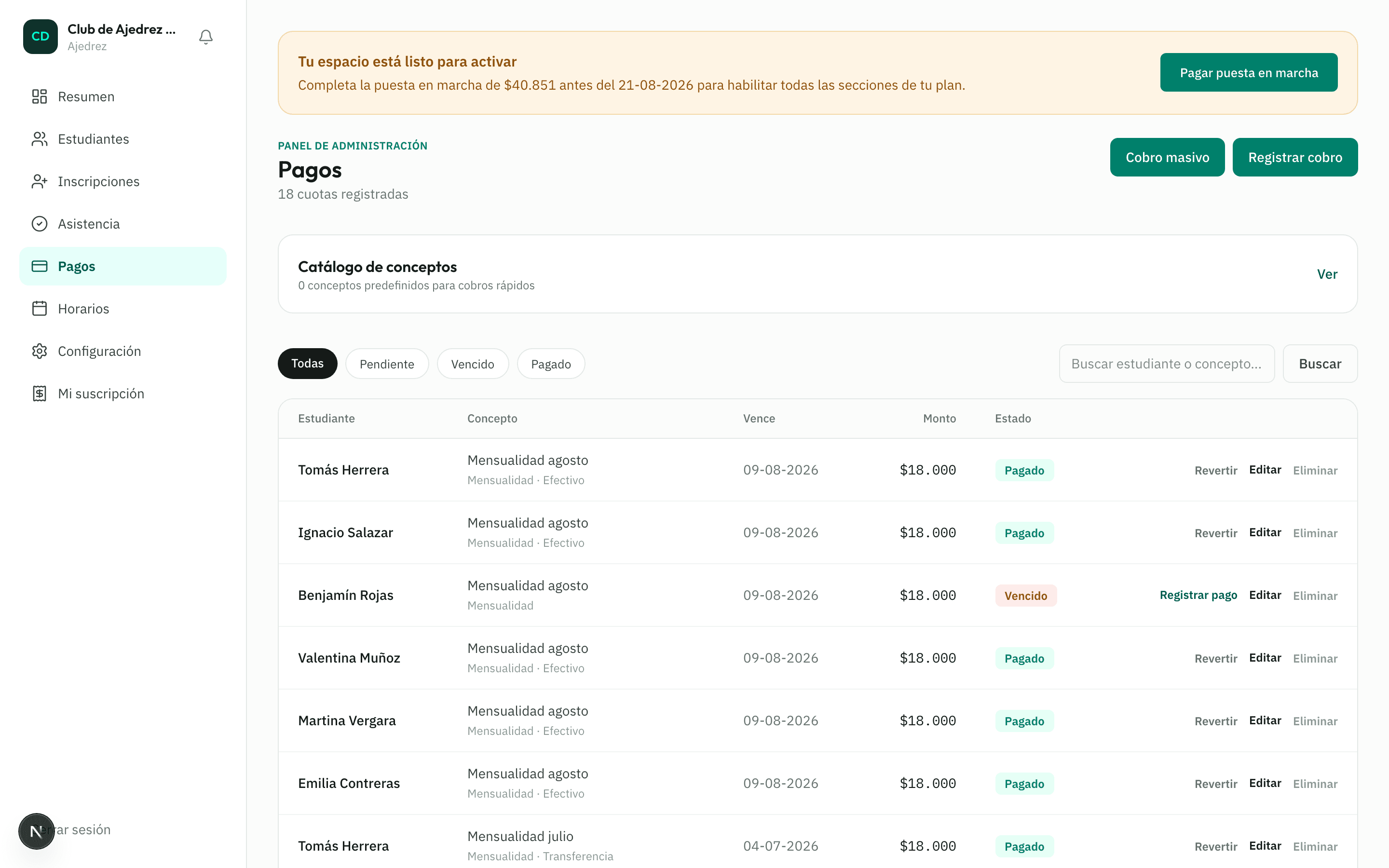 Listado de cuotas en Pagos, con estudiante, concepto, monto y estado de cada cuota