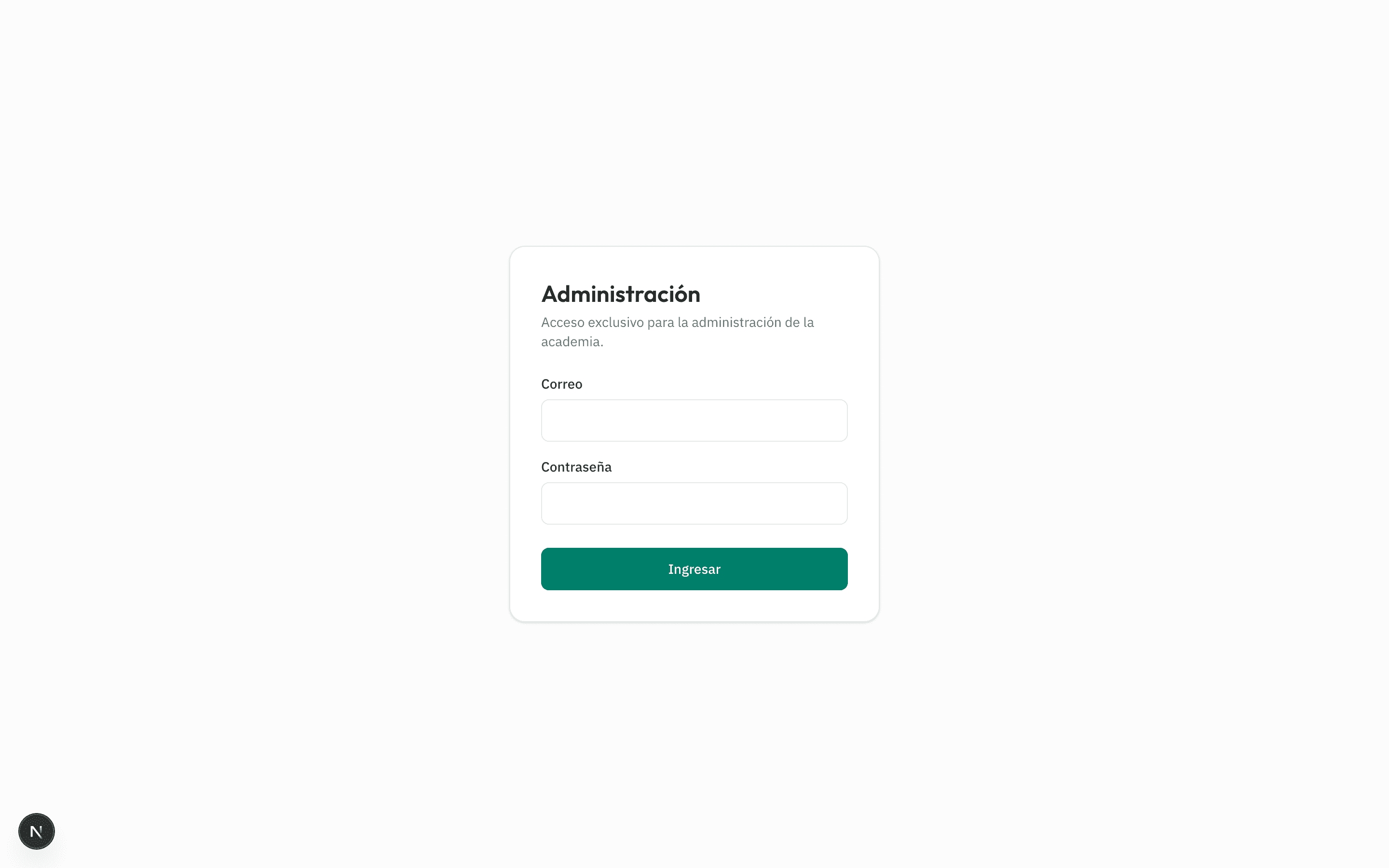 Formulario de inicio de sesión del panel de administración, con campos de correo y contraseña