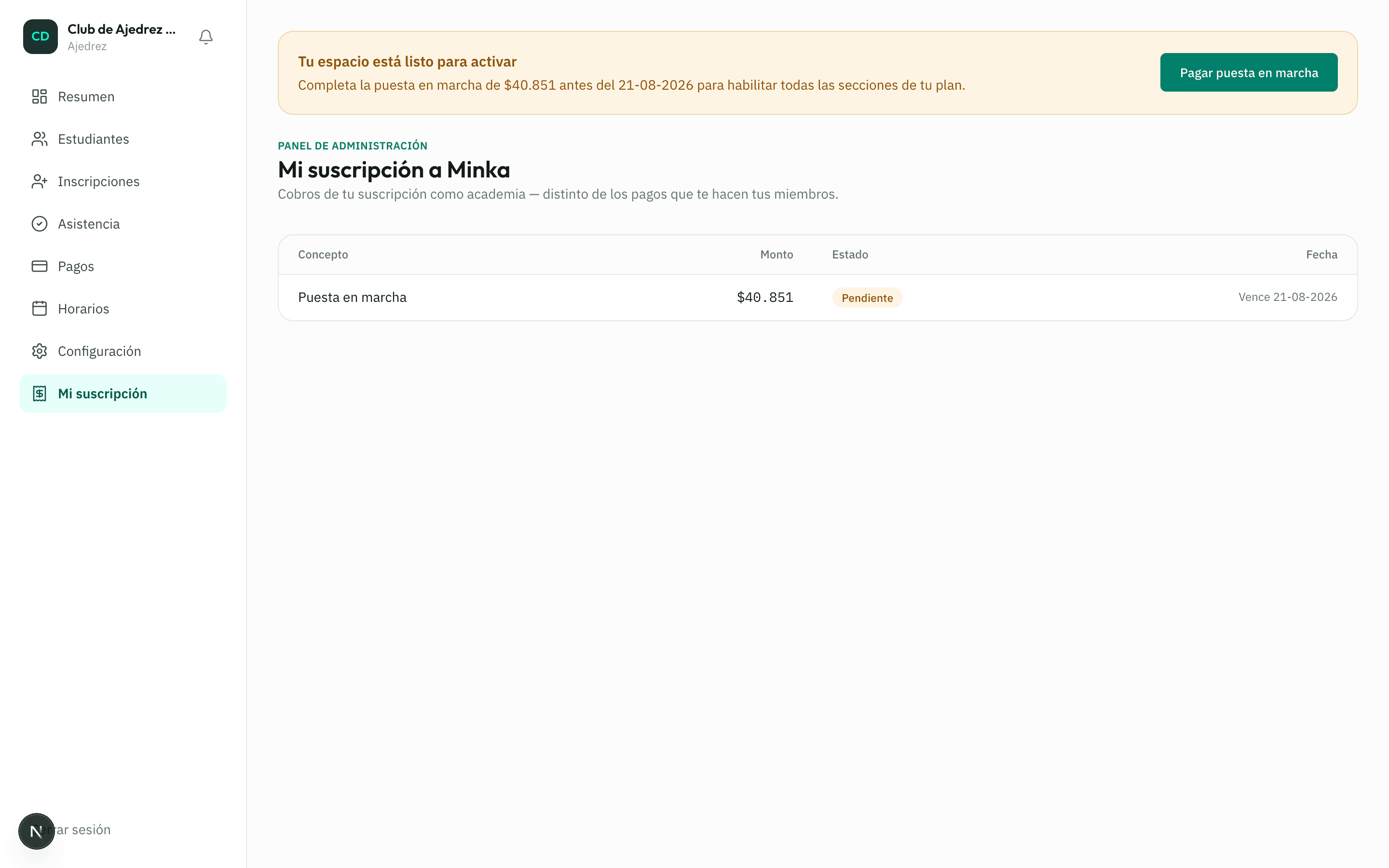 Página Mi suscripción con el historial de cobros de la academia a Minka