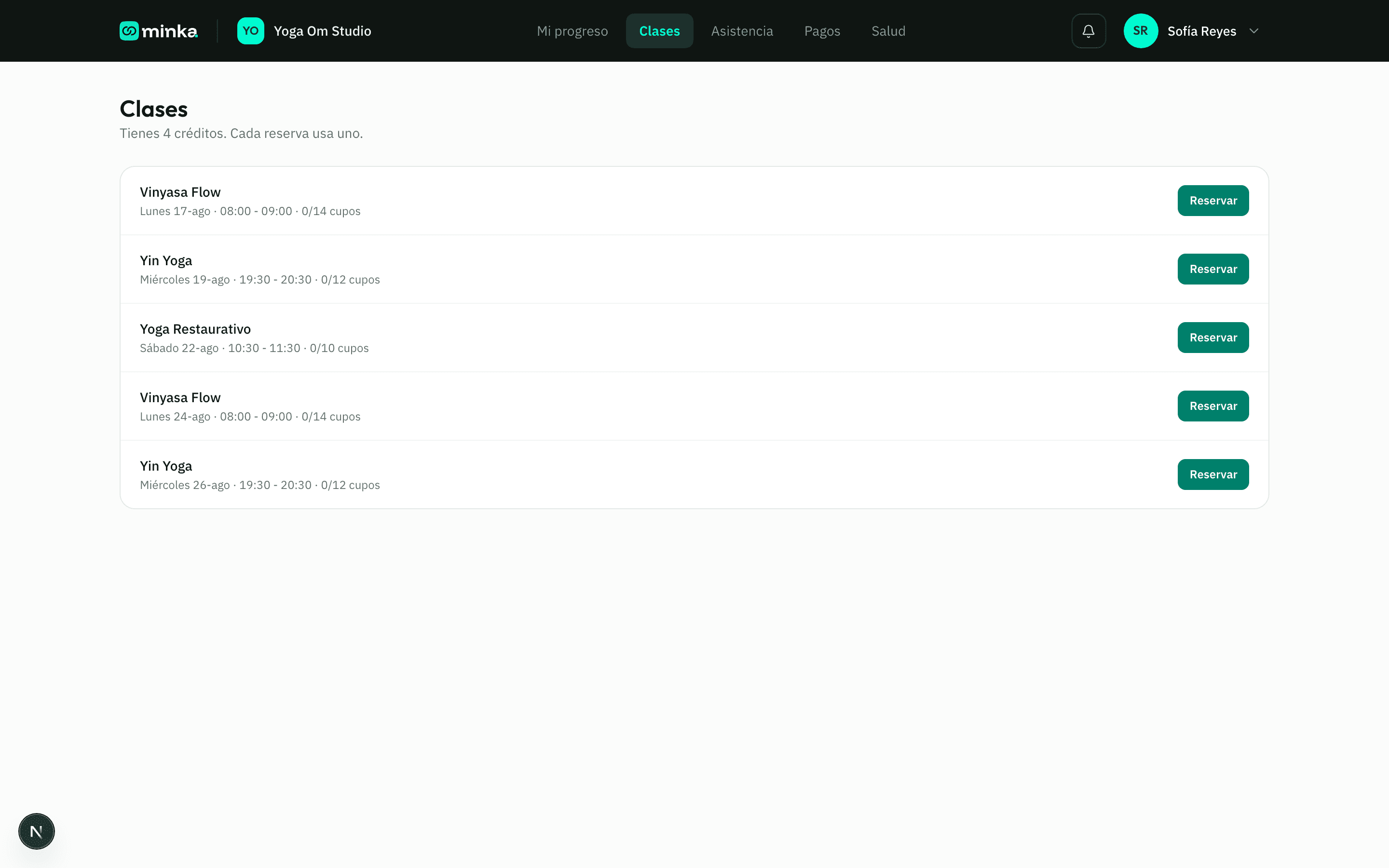 Sección Clases del portal del miembro, con las sesiones disponibles para reservar y los créditos del estudiante